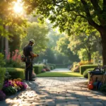 Professionele boomverzorging in Almere, met gehandschoende handen die gespecialiseerd gereedschap hanteren in een verzorgde tuin met nette heggen en kleurrijke bloembedden.