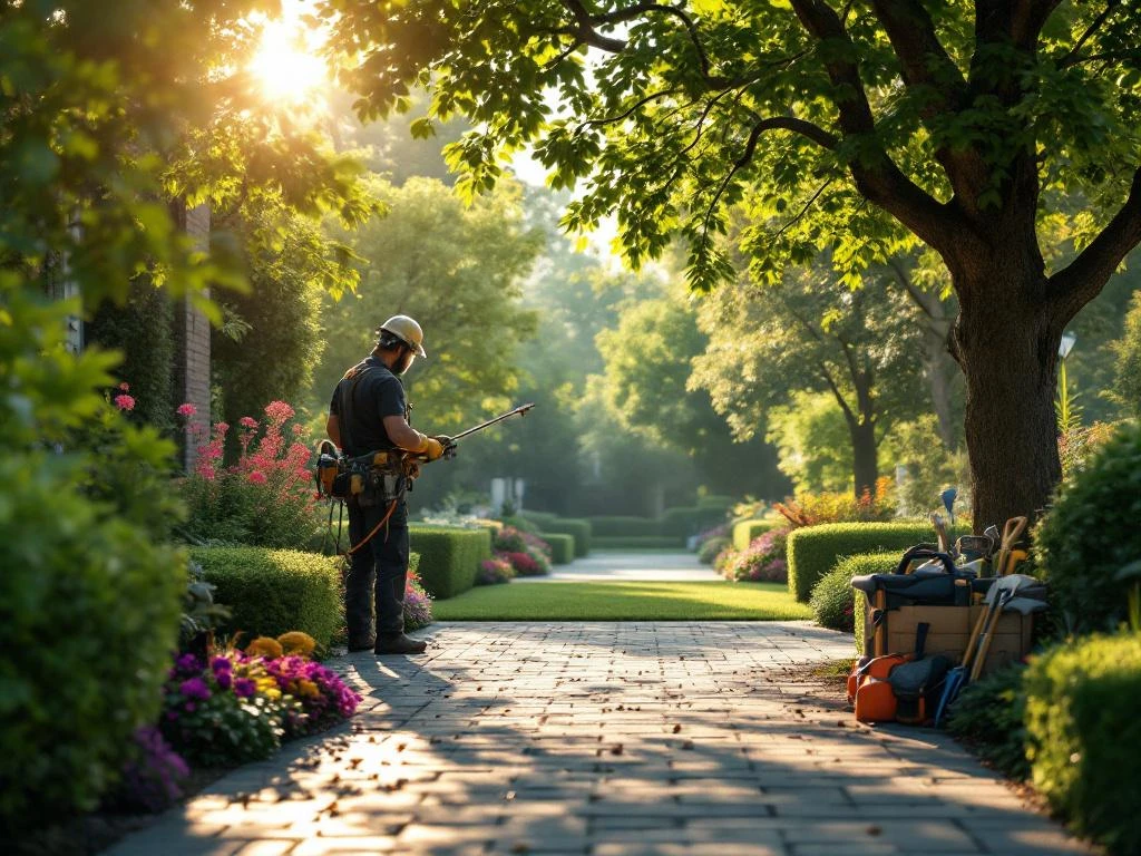 Professionele boomverzorging in Almere, met gehandschoende handen die gespecialiseerd gereedschap hanteren in een verzorgde tuin met nette heggen en kleurrijke bloembedden.