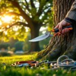 Boomverzorger houdt gespecialiseerde snoeischaar tegen prachtige eikenboom in gouden namiddaglicht, met klimuitrusting op het gras.