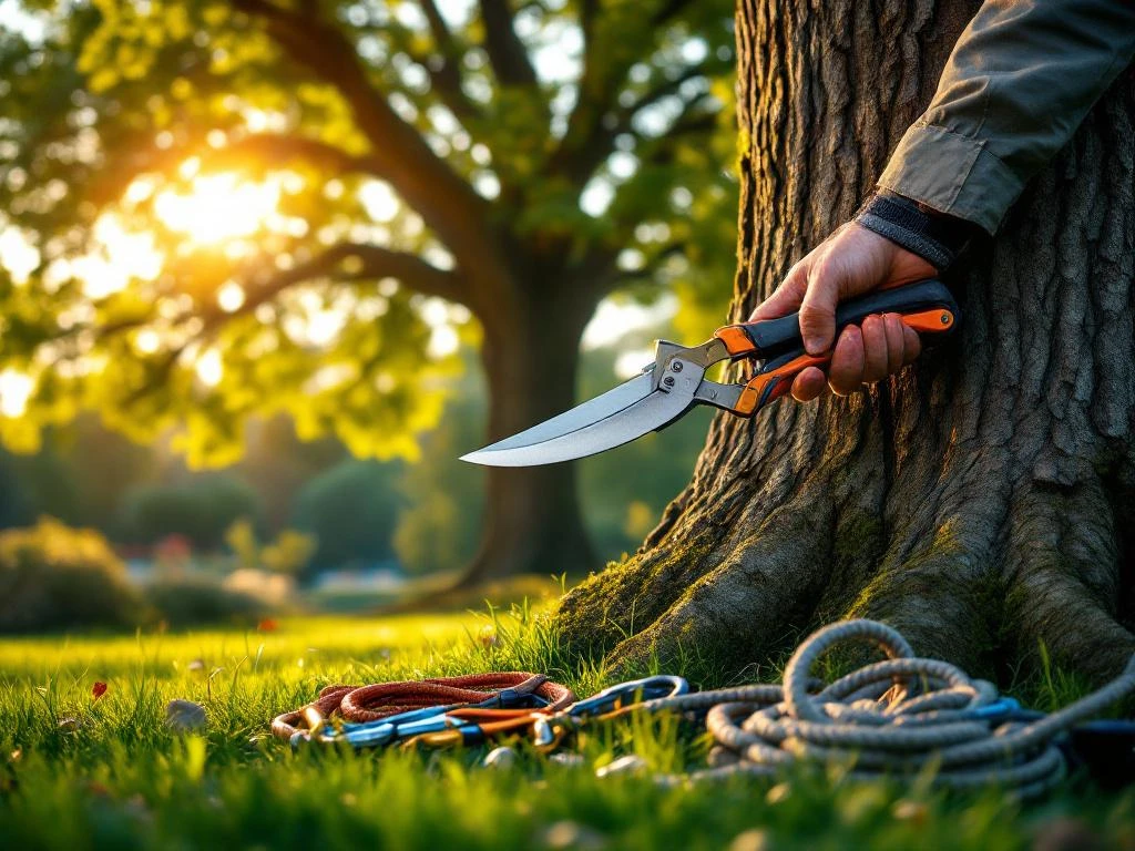 Boomverzorger houdt gespecialiseerde snoeischaar tegen prachtige eikenboom in gouden namiddaglicht, met klimuitrusting op het gras.