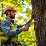 Student-boomverzorger in veiligheidsuitrusting onderzoekt boomstam met instructeur tijdens praktijktraining in weelderig Nederlands landschap.