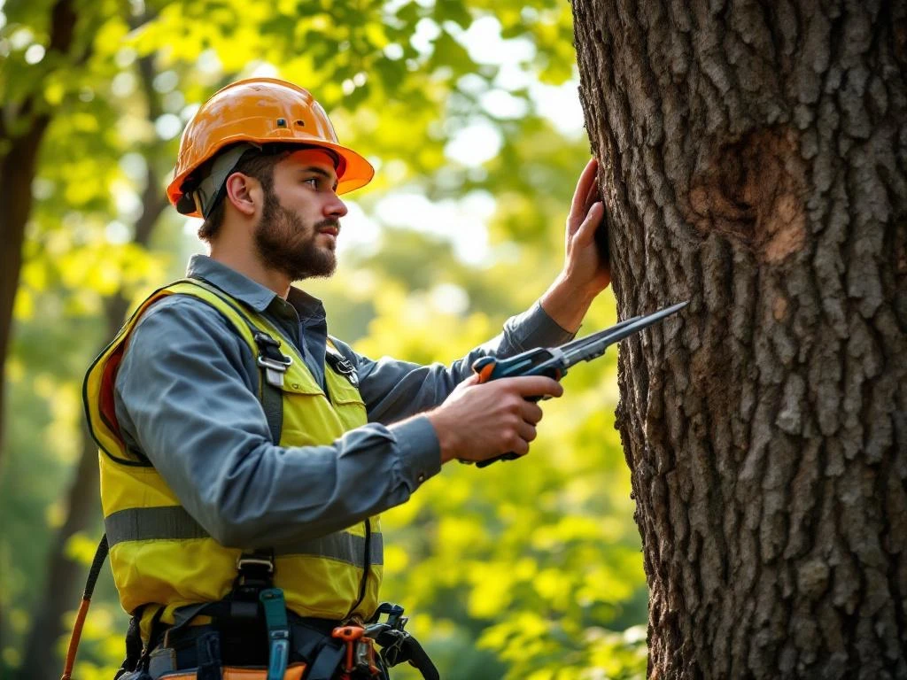 Student-boomverzorger in veiligheidsuitrusting onderzoekt boomstam met instructeur tijdens praktijktraining in weelderig Nederlands landschap.