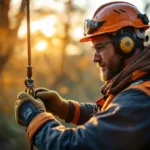 Professionele boomverzorgingsuitrusting op houten ondergrond met helm, klimharnas, handschoenen en snoeizaag. Op achtergrond klimt specialist in majestueuze eik.