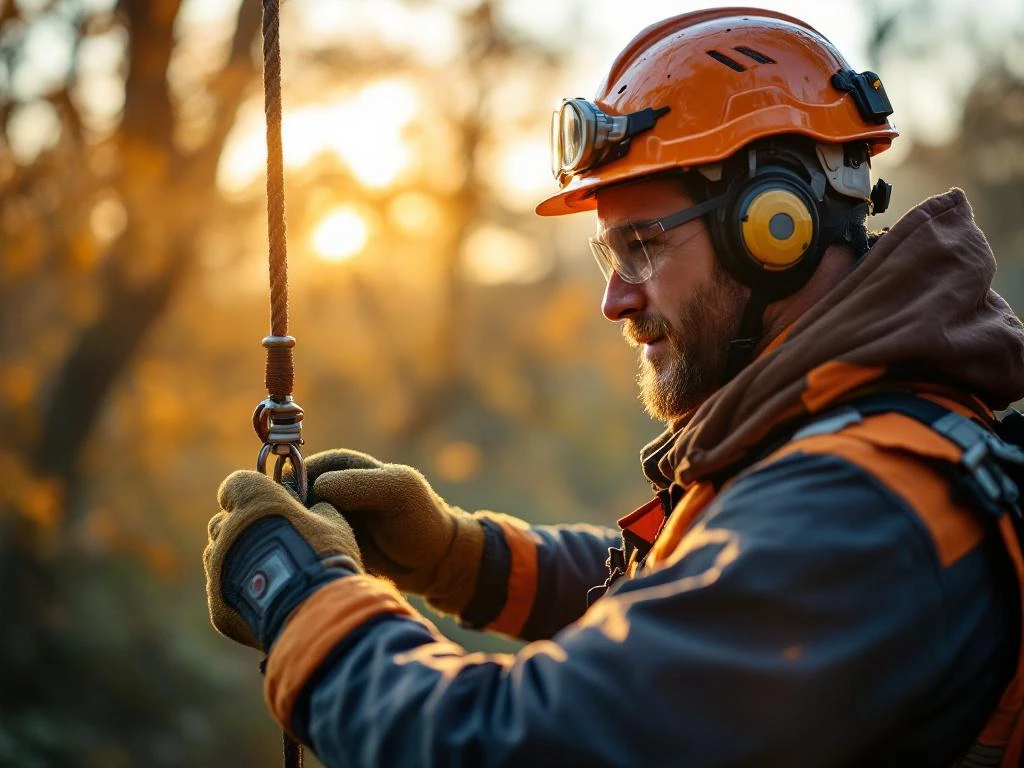 Professionele boomverzorgingsuitrusting op houten ondergrond met helm, klimharnas, handschoenen en snoeizaag. Op achtergrond klimt specialist in majestueuze eik.