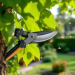 Professionele snoeischaar knipt dikke tak van catalpa boom met hartvormige bladeren in zonlicht. Op achtergrond een verzorgde tuin in Almere met gazons en bloembedden.