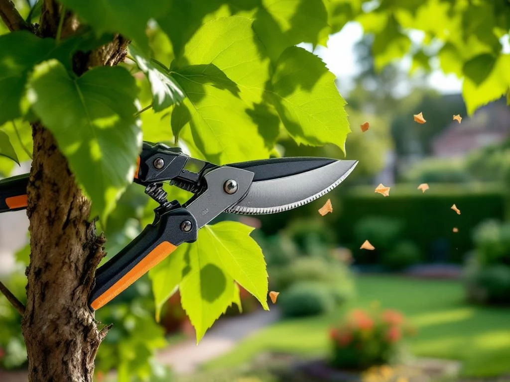 Professionele snoeischaar knipt dikke tak van catalpa boom met hartvormige bladeren in zonlicht. Op achtergrond een verzorgde tuin in Almere met gazons en bloembedden.