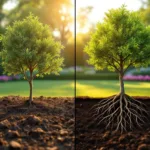 Jonge eikenboom in twee stadia: net geplant met zichtbare wortels en maanden later volgroeid met groene bladeren in zonverlichte tuin