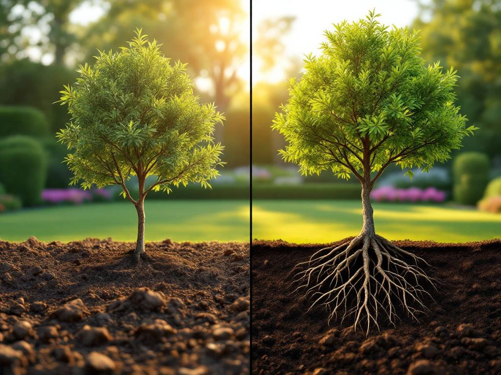 Jonge eikenboom in twee stadia: net geplant met zichtbare wortels en maanden later volgroeid met groene bladeren in zonverlichte tuin