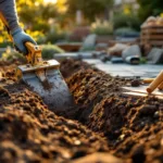 Vakkundige tuinaanleg tijdens gouden uur in Almere; gehandschoende handen bedienen kleine graafmachine in donkere grond bij deels aangelegde tuin met bestrating en planten.