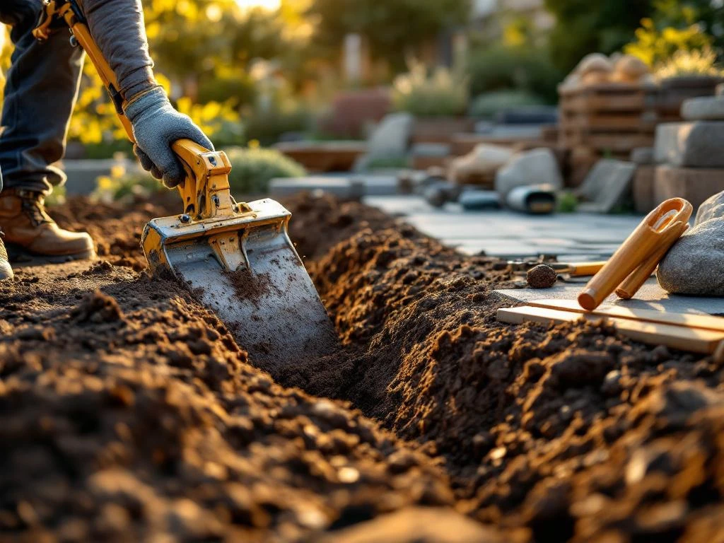 Vakkundige tuinaanleg tijdens gouden uur in Almere; gehandschoende handen bedienen kleine graafmachine in donkere grond bij deels aangelegde tuin met bestrating en planten.