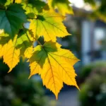 Boomtak met bladeren in herfstovergang van groen naar goudgeel in een tuin in Almere, met ochtenddauw en tuingereedschap zichtbaar.