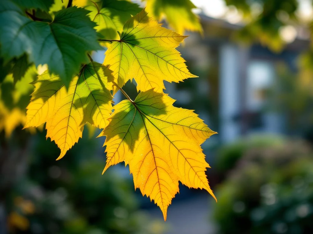 Boomtak met bladeren in herfstovergang van groen naar goudgeel in een tuin in Almere, met ochtenddauw en tuingereedschap zichtbaar.