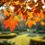 Herfstbladeren in levendige roodtinten dwarrelen van een eikenboom in een verzorgde tuin, met zonlicht dat filtert door takken en de Almere-skyline op de achtergrond.