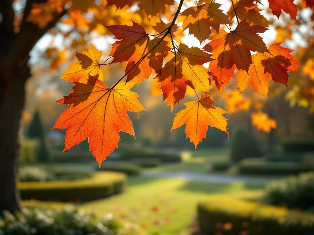Herfstbladeren in levendige roodtinten dwarrelen van een eikenboom in een verzorgde tuin, met zonlicht dat filtert door takken en de Almere-skyline op de achtergrond.