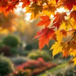 Herfstbladeren in levendige rood, oranje en geel met enkele groene bladeren in een tuin in Almere. Ochtenddauw glinstert in het gouden zonlicht.
