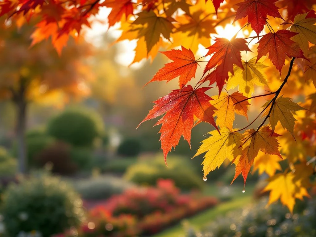 Herfstbladeren in levendige rood, oranje en geel met enkele groene bladeren in een tuin in Almere. Ochtenddauw glinstert in het gouden zonlicht.