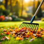 Kleurrijke herfstbladeren in rood, oranje en geel op een verzorgd gazon, bijeengeharkt met professionele hark. Op de achtergrond bloemperken en een compostbak in zacht middaglicht.