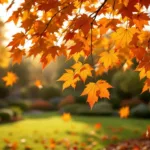 Kleurrijke herfstbladeren vallend van een loofboom tijdens het gouden uur, met gefilterd zonlicht en een professioneel onderhouden tuin in Almere.