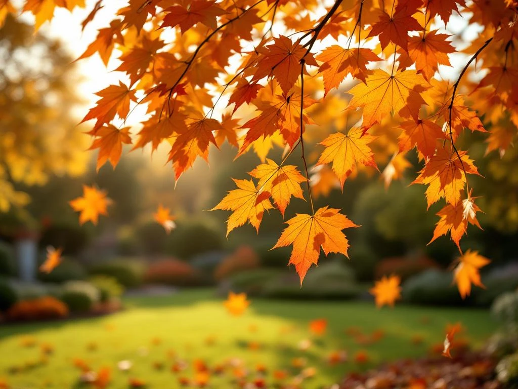 Kleurrijke herfstbladeren vallend van een loofboom tijdens het gouden uur, met gefilterd zonlicht en een professioneel onderhouden tuin in Almere.