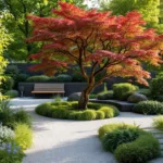 Volwassen Japanse esdoorn met vuurrode herfstbladeren in perfect onderhouden moderne tuin, omringd door siergrassen in warm avondlicht.