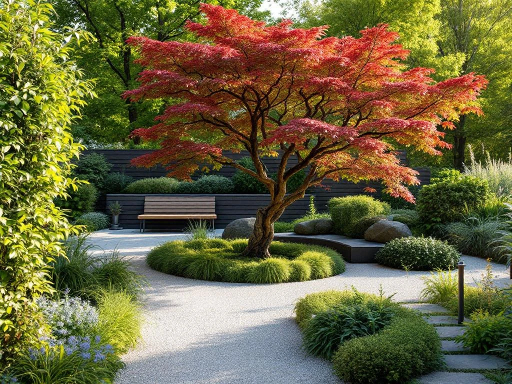 Volwassen Japanse esdoorn met vuurrode herfstbladeren in perfect onderhouden moderne tuin, omringd door siergrassen in warm avondlicht.