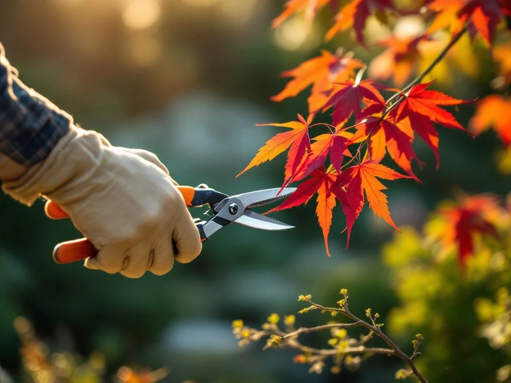 Vakkundige tuiniershanden in leren handschoenen snoeien een Japanse esdoorn in een verzorgde tuin in Almere, met zonlicht door de rood-oranje bladeren.