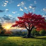 Majestueuze Japanse esdoorn met rode bladeren in een verzorgde tuin bij zonsondergang, omringd door grind, natuurstenen en subtiele tuinverlichting.