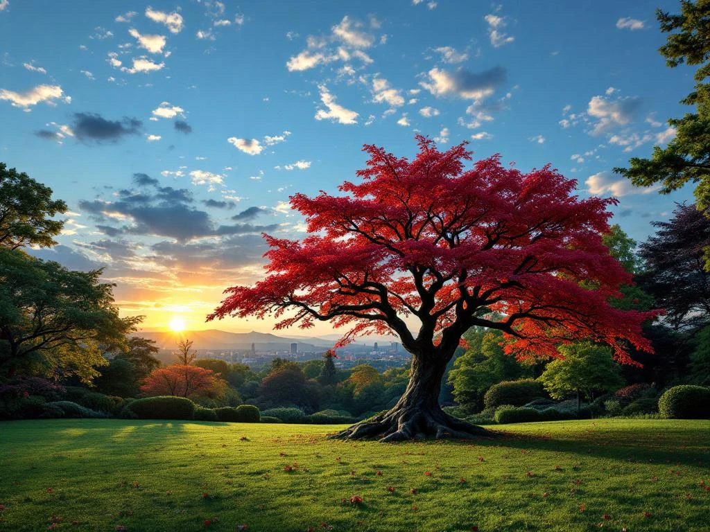 Majestueuze Japanse esdoorn met rode bladeren in een verzorgde tuin bij zonsondergang, omringd door grind, natuurstenen en subtiele tuinverlichting.