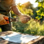 Professionele kettingzaag snijdt eikenstam in zonnige tuin te Almere, met tuingereedschap en vergunningsdocument op tafel nabij.