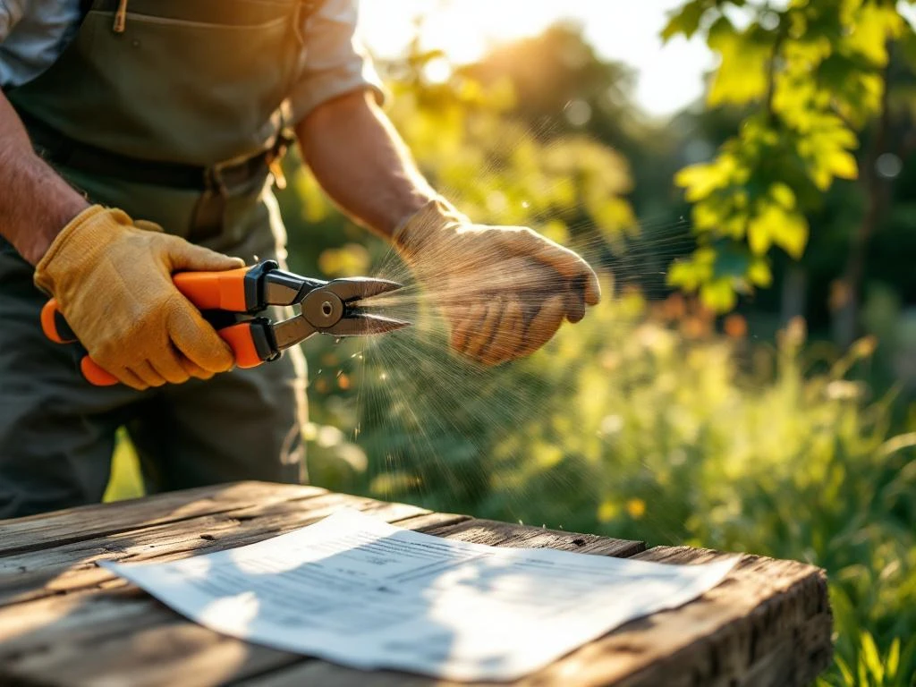 Professionele kettingzaag snijdt eikenstam in zonnige tuin te Almere, met tuingereedschap en vergunningsdocument op tafel nabij.
