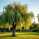 Vers geknotte wilg in traditionele Nederlandse tuin tijdens het gouden uur, met knoestige kroon tegen blauwe lucht en netjes onderhouden hagen.