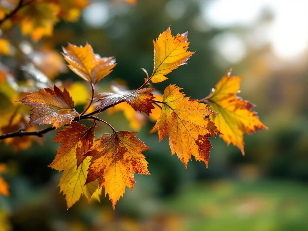 Boomtak met herfstbladeren in verschillende stadia van verkleuring, van groen naar bruin, met regendruppels in een tuin in Almere.