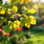 Boomtak met groene en vergelende bladeren in lentezonlicht. Nederlandse tuin in Almere met tulpen en tuingereedschap op de achtergrond.
