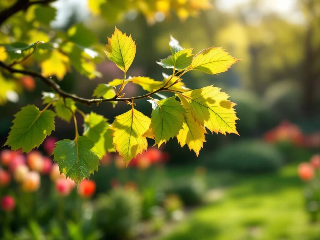 Boomtak met groene en vergelende bladeren in lentezonlicht. Nederlandse tuin in Almere met tulpen en tuingereedschap op de achtergrond.