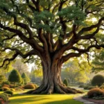 Eeuwenoude eikenboom in Almeerse landschapstuin, omringd door bomen van verschillende leeftijden met zichtbare jaarringen en stenen paden in gouden middaglicht.