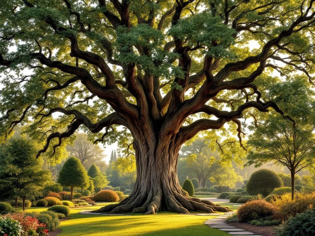 Eeuwenoude eikenboom in Almeerse landschapstuin, omringd door bomen van verschillende leeftijden met zichtbare jaarringen en stenen paden in gouden middaglicht.