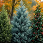 Drie contrasterende groenblijvende bomen in een landschapstuin in Almere: den, spar en hulst, tegen een mistige herfstachtergrond met vallende bladeren.