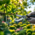 Professionele boomsnoeier in actie met kwaliteitsscharen in een verzorgde tuin in Almere, omringd door nette hagen en kleurrijke bloembedden onder gefilterd zonlicht.