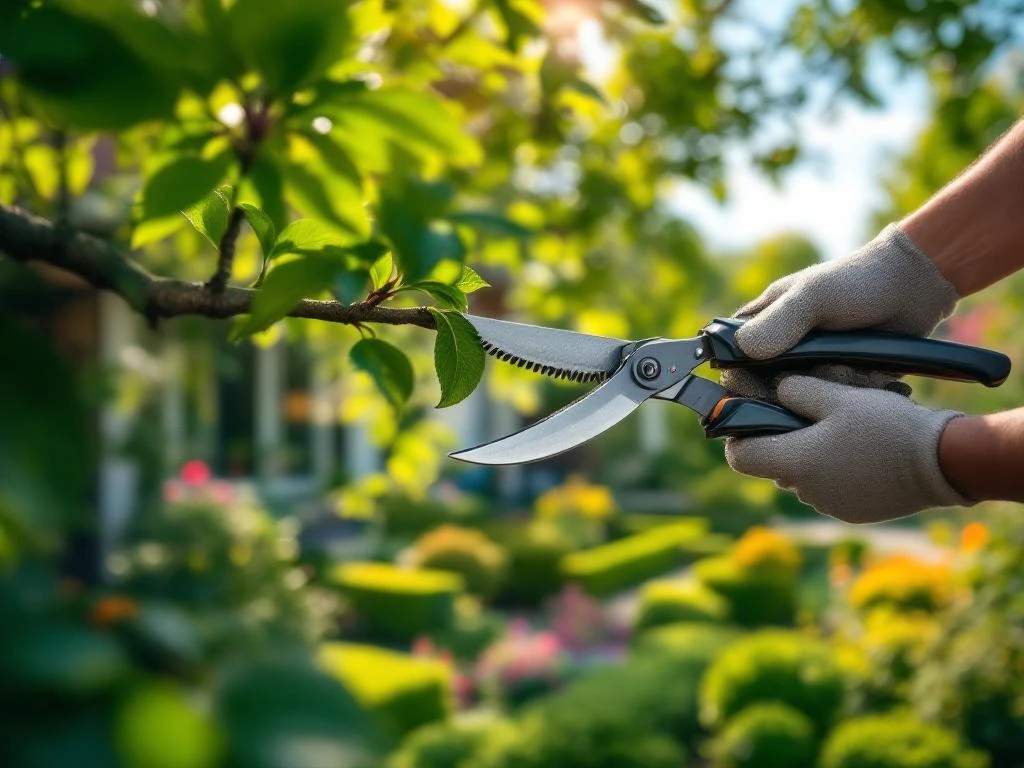 Professionele boomsnoeier in actie met kwaliteitsscharen in een verzorgde tuin in Almere, omringd door nette hagen en kleurrijke bloembedden onder gefilterd zonlicht.