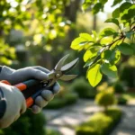 Gehandschoende hand van professionele tuinier inspecteert boomtak met snoeischaar in een verzorgde tuin in Almere onder gefilterd zonlicht.