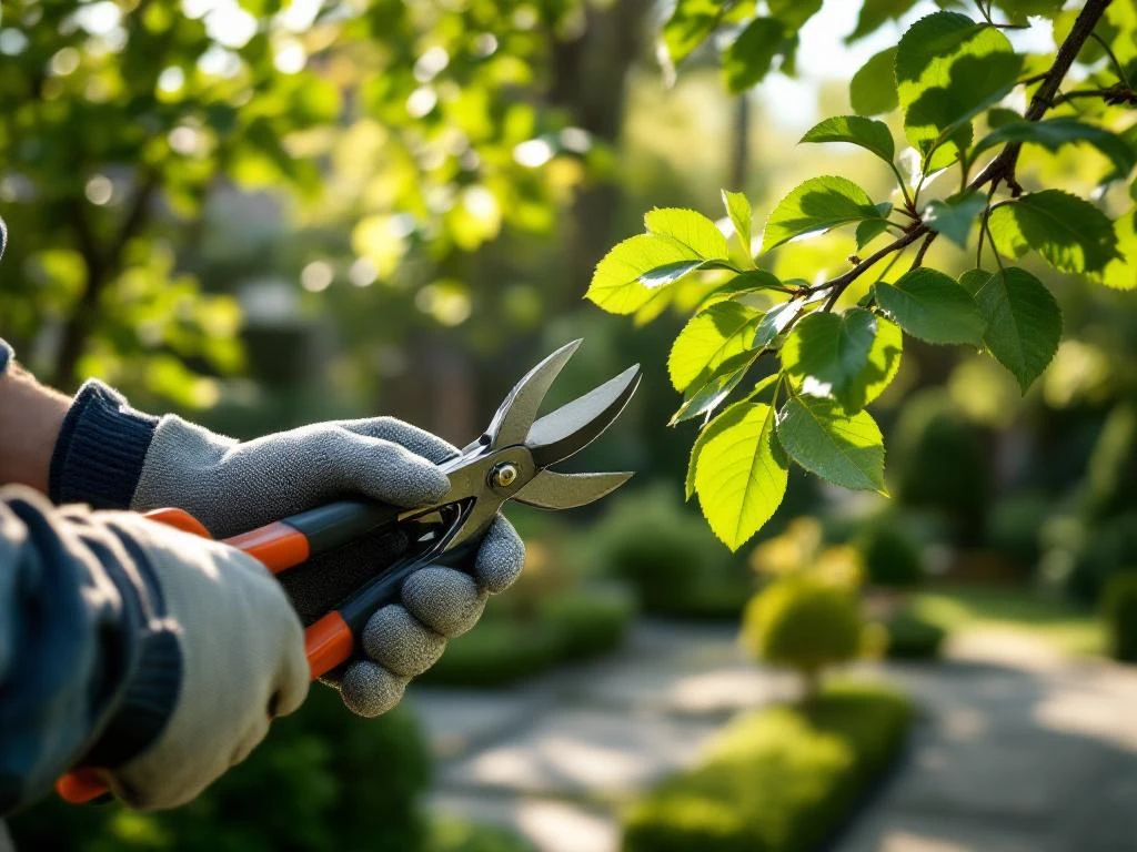 Gehandschoende hand van professionele tuinier inspecteert boomtak met snoeischaar in een verzorgde tuin in Almere onder gefilterd zonlicht.