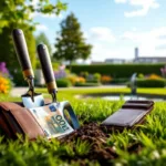 Professioneel tuingereedschap op groen gras met portemonnee en euro's. Nederlandse tuin met hagen, bloemen en vijver. Almere architectuur zichtbaar op horizon.
