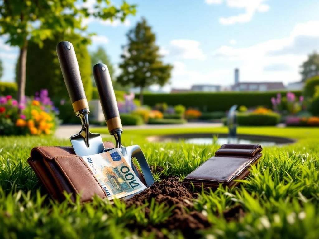 Professioneel tuingereedschap op groen gras met portemonnee en euro's. Nederlandse tuin met hagen, bloemen en vijver. Almere architectuur zichtbaar op horizon.
