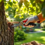 Professioneel boomonderhoud waarbij gehandschoende handen een tak snoeien met vakkundige snoeischaar in een verzorgde tuin onder gefilterd zonlicht.