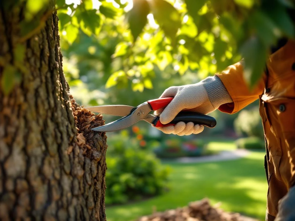 Professioneel boomonderhoud waarbij gehandschoende handen een tak snoeien met vakkundige snoeischaar in een verzorgde tuin onder gefilterd zonlicht.