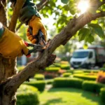 Professionele snoeiwerken in een verzorgde tuin in Almere, met precisie-snoeischaar die een tak knipt onder gefilterd zonlicht. Op de achtergrond kleurrijke bloembedden.