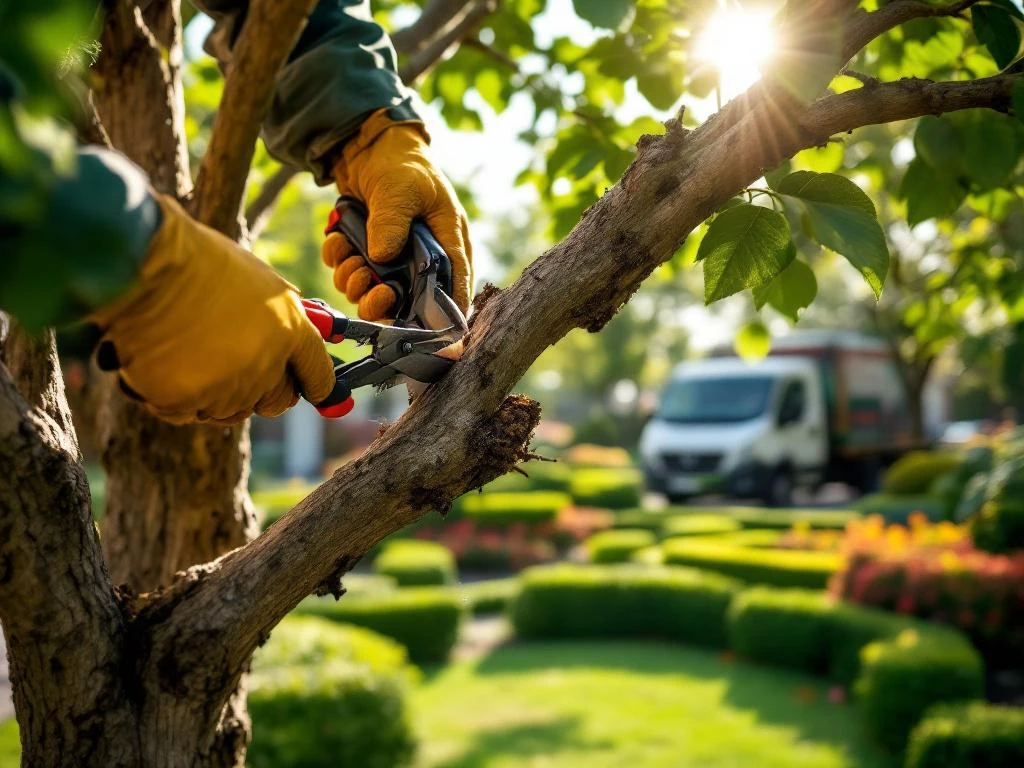Professionele snoeiwerken in een verzorgde tuin in Almere, met precisie-snoeischaar die een tak knipt onder gefilterd zonlicht. Op de achtergrond kleurrijke bloembedden.