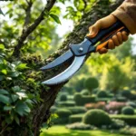 Professionele snoeischaar knipt dikke boomtak in een verzorgde tuin in Almere, met contrast tussen gesnoeide en ongesnoeide beplanting in ochtendlicht.