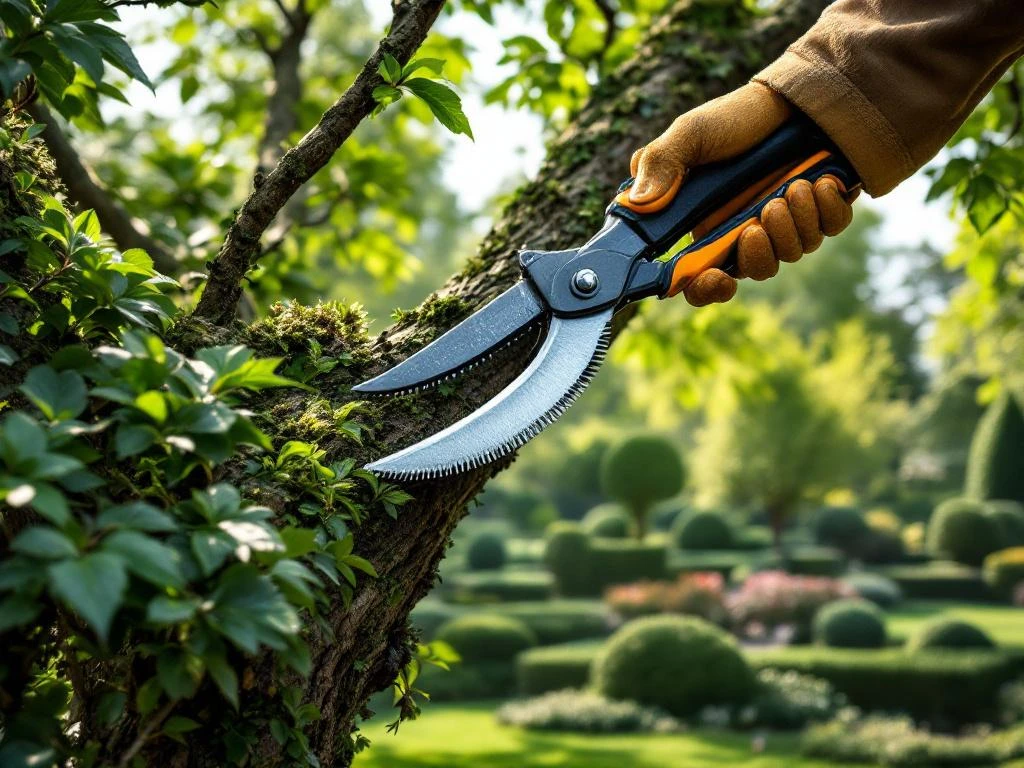 Professionele snoeischaar knipt dikke boomtak in een verzorgde tuin in Almere, met contrast tussen gesnoeide en ongesnoeide beplanting in ochtendlicht.