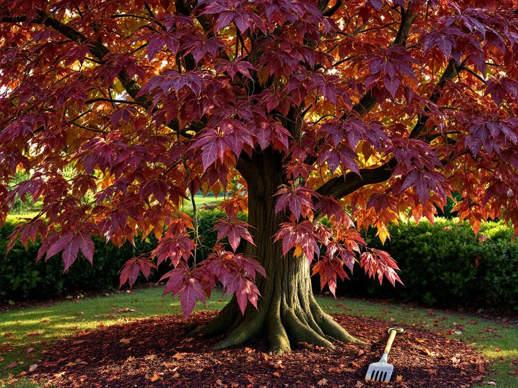 Koperen beuk met roodpaarse bladeren in herfstsfeer, sommige verkleurend naar bruin, in verzorgde tuin in Almere met mulch en tuingereedschap.